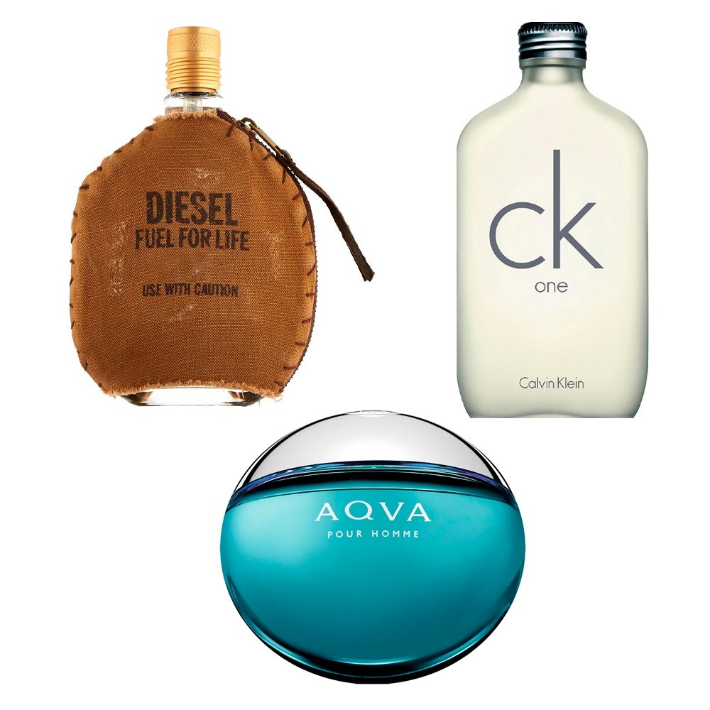 Combo di 3 Profumi Maschili - Diesel Fuel For Life, CK Be One Maschile e Bvlgari Aqva